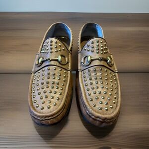 Gucci 1953 Shoes Horsebit Studded Dress Loafers Brown Mens Sz US 9